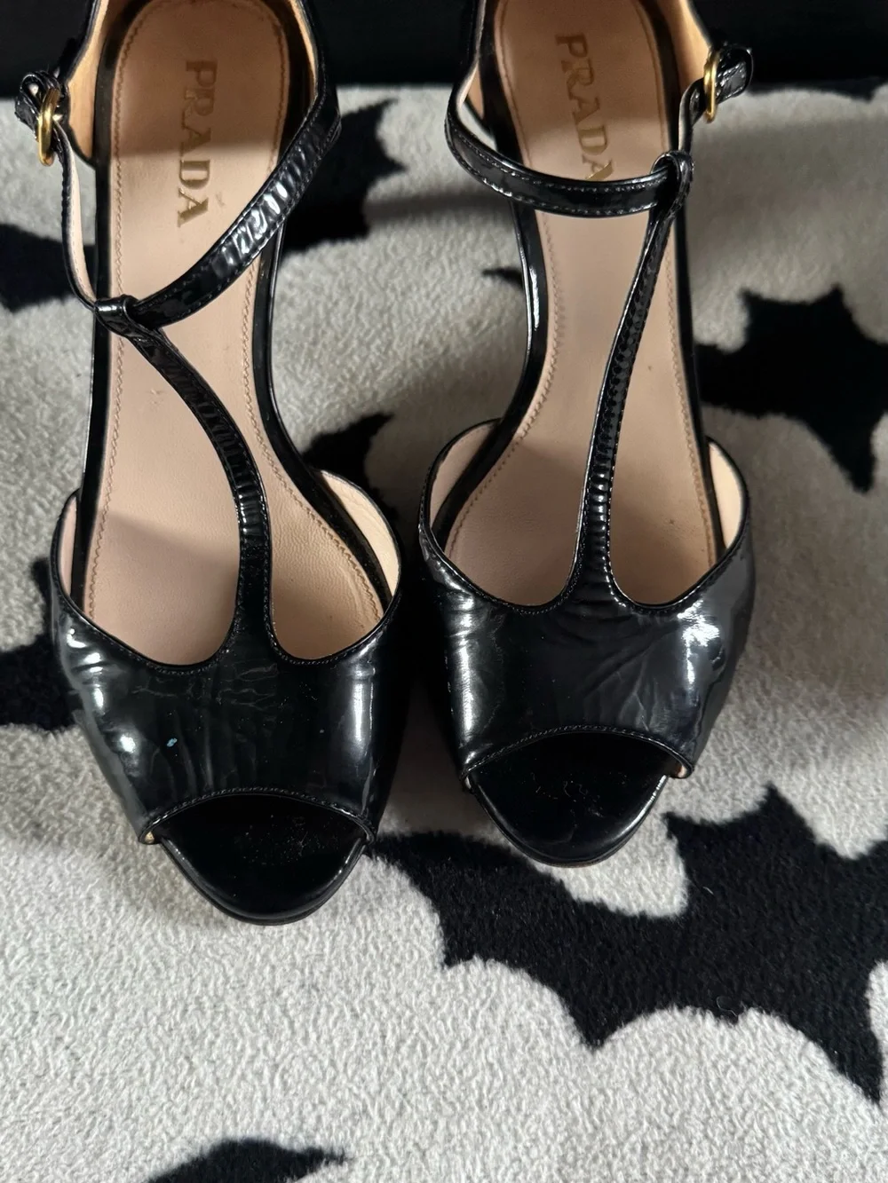 Prada Black Patent Leather T-Strap Peep Toe Heels - Picture 3 of 8